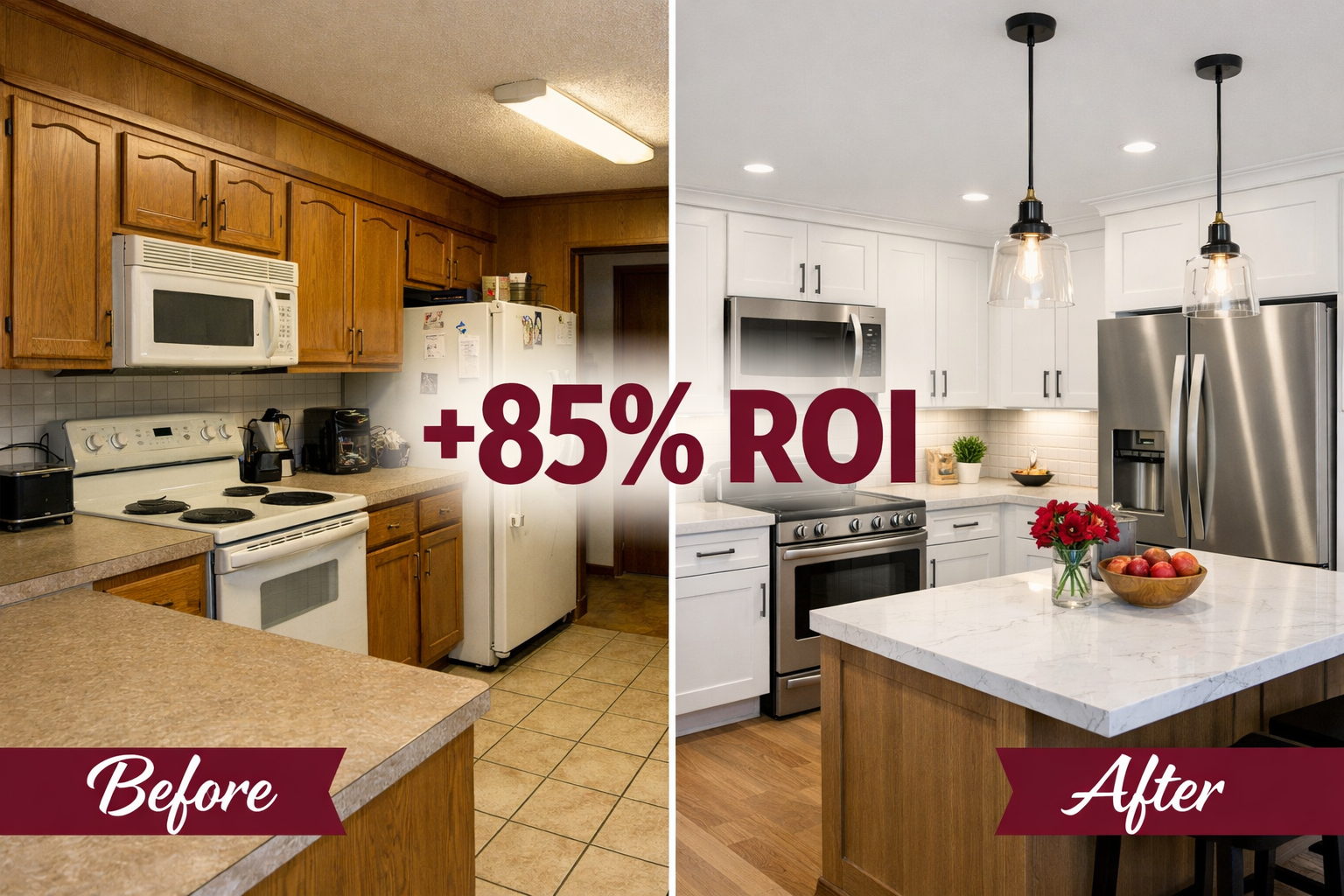 () editorial image showing modern kitchen renovation with quartz countertops, energy-efficient LED lighting, and smart