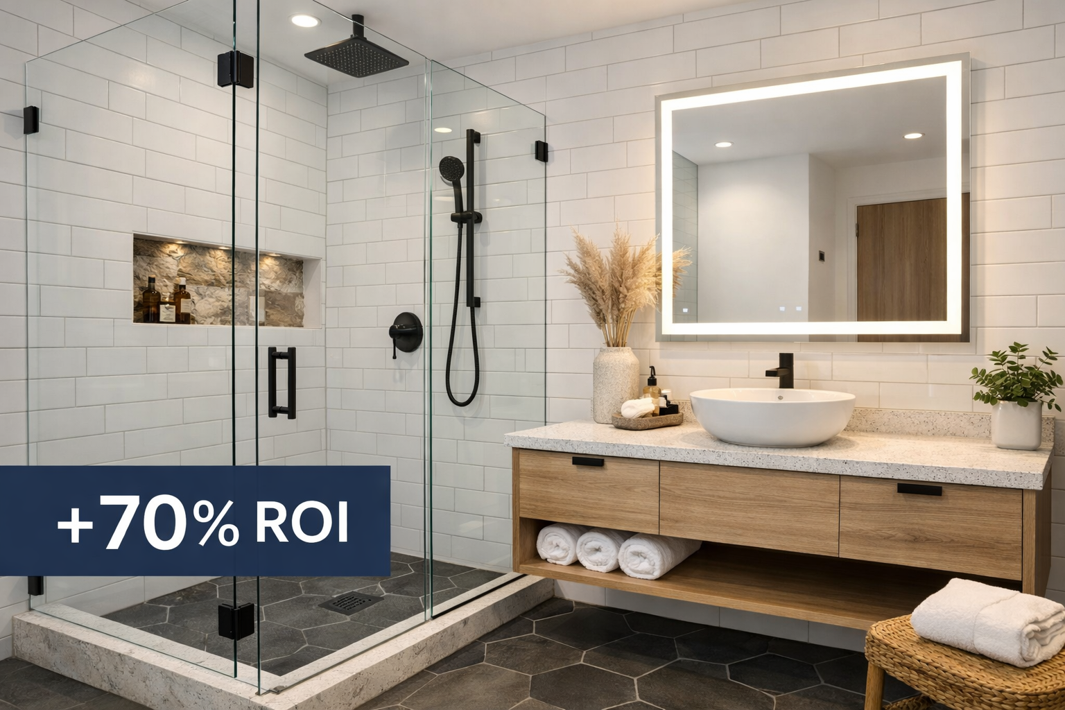 () professional photograph of contemporary bathroom featuring walk-in shower with frameless glass enclosure, and sustainable