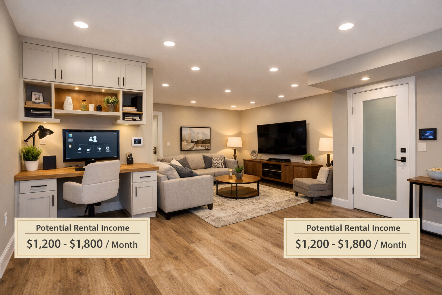 () architectural photograph of finished basement conversion showcasing multifunctional living space. Wide-angle composition