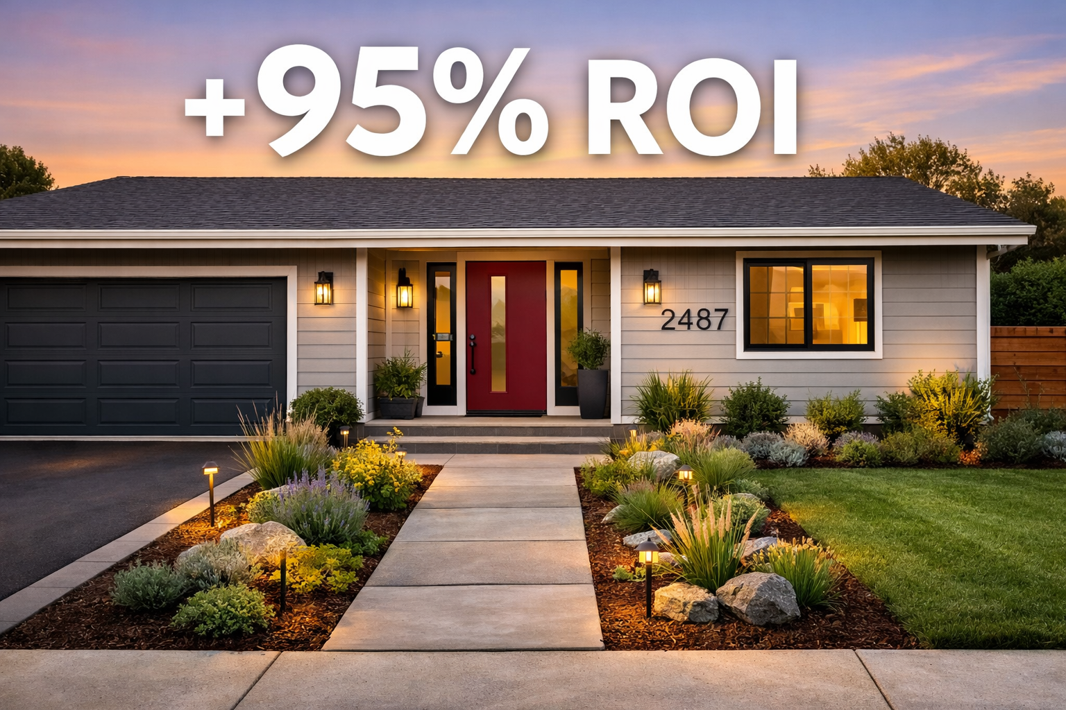 () exterior home photograph featuring enhanced curb appeal elements: fresh landscaping with native plants, updated outdoor