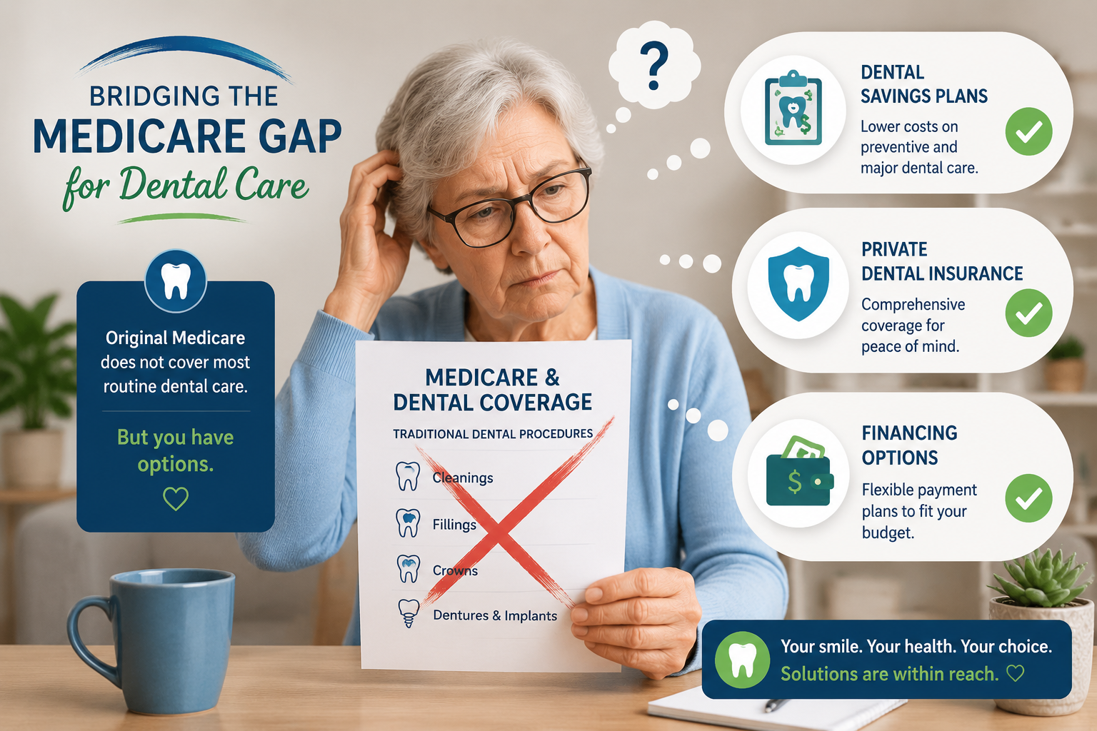 Detailed () image illustrating the 'Medicare Gap' concept for dental care. The central visual is a senior individual looking