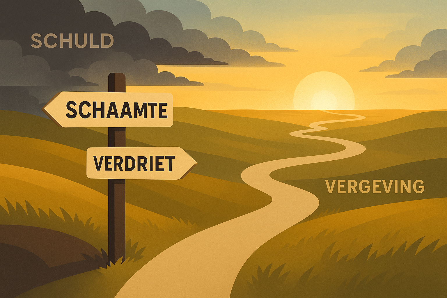Landscape editorial image (1536x1024) showing conceptual representation of emotional healing journey with winding path metaphor. Foreground