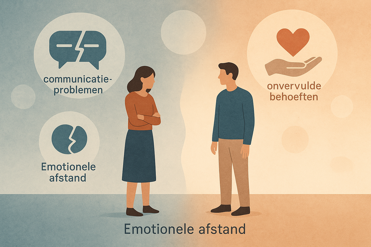 Landscape conceptual image (1536x1024) depicting reasons for infidelity through abstract visual metaphor. Central composition shows two figu