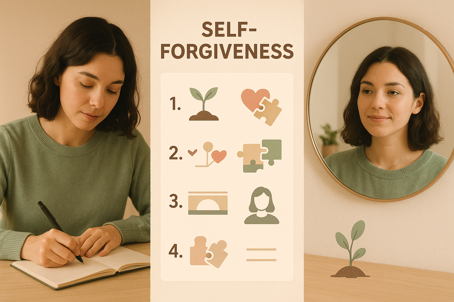 Landscape image (1536x1024) showing practical self-forgiveness techniques through visual storytelling. Split composition: left side shows pe