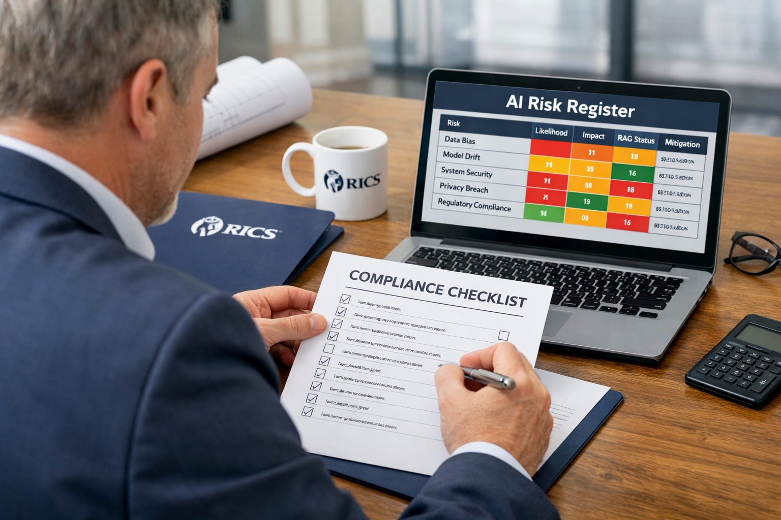 Wide-angle editorial photograph of a professional UK building surveyor at a desk reviewing a formal compliance checklist