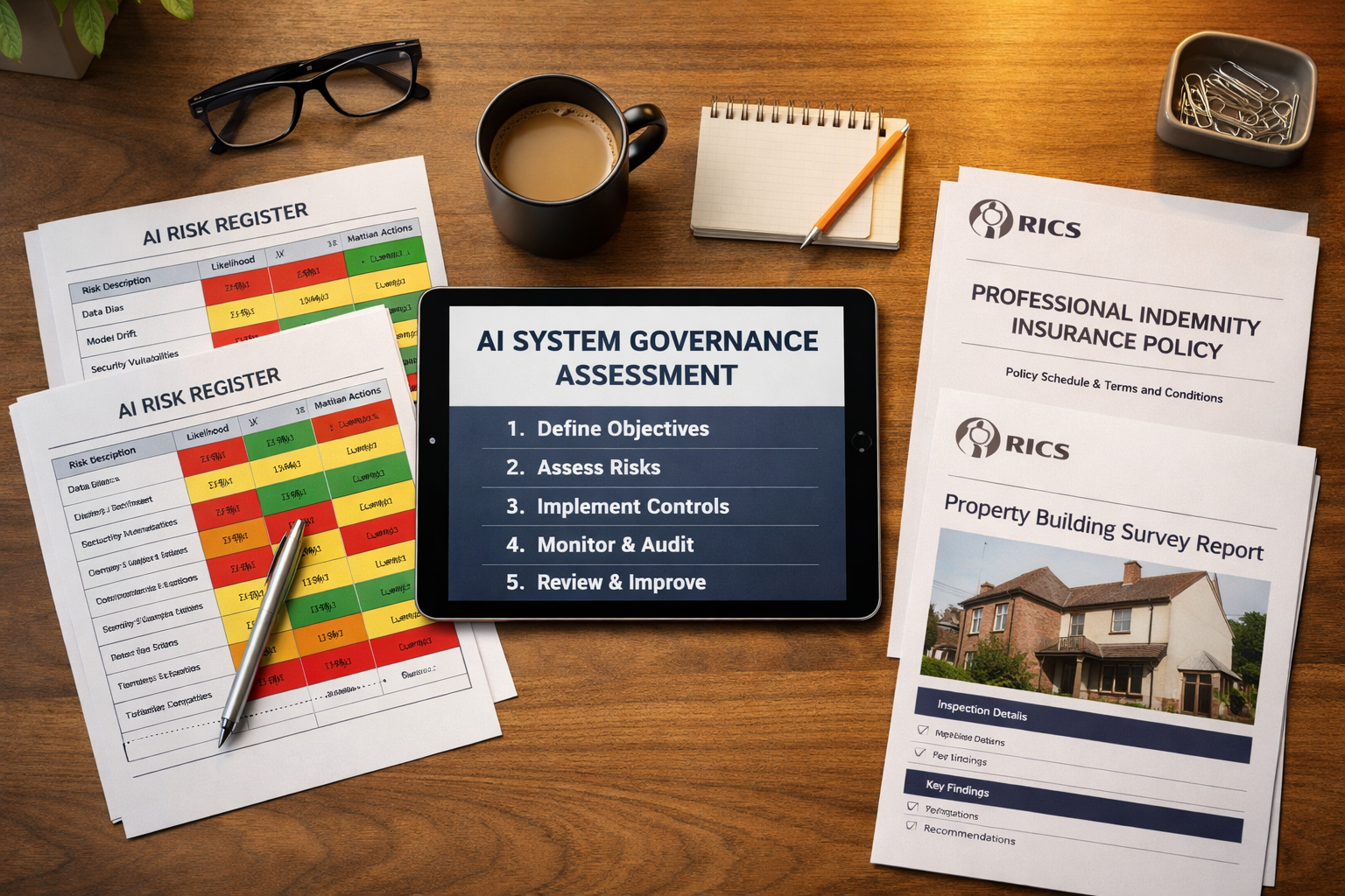 Overhead flat-lay composition showing a structured AI governance framework diagram spread across a large desk: printed risk