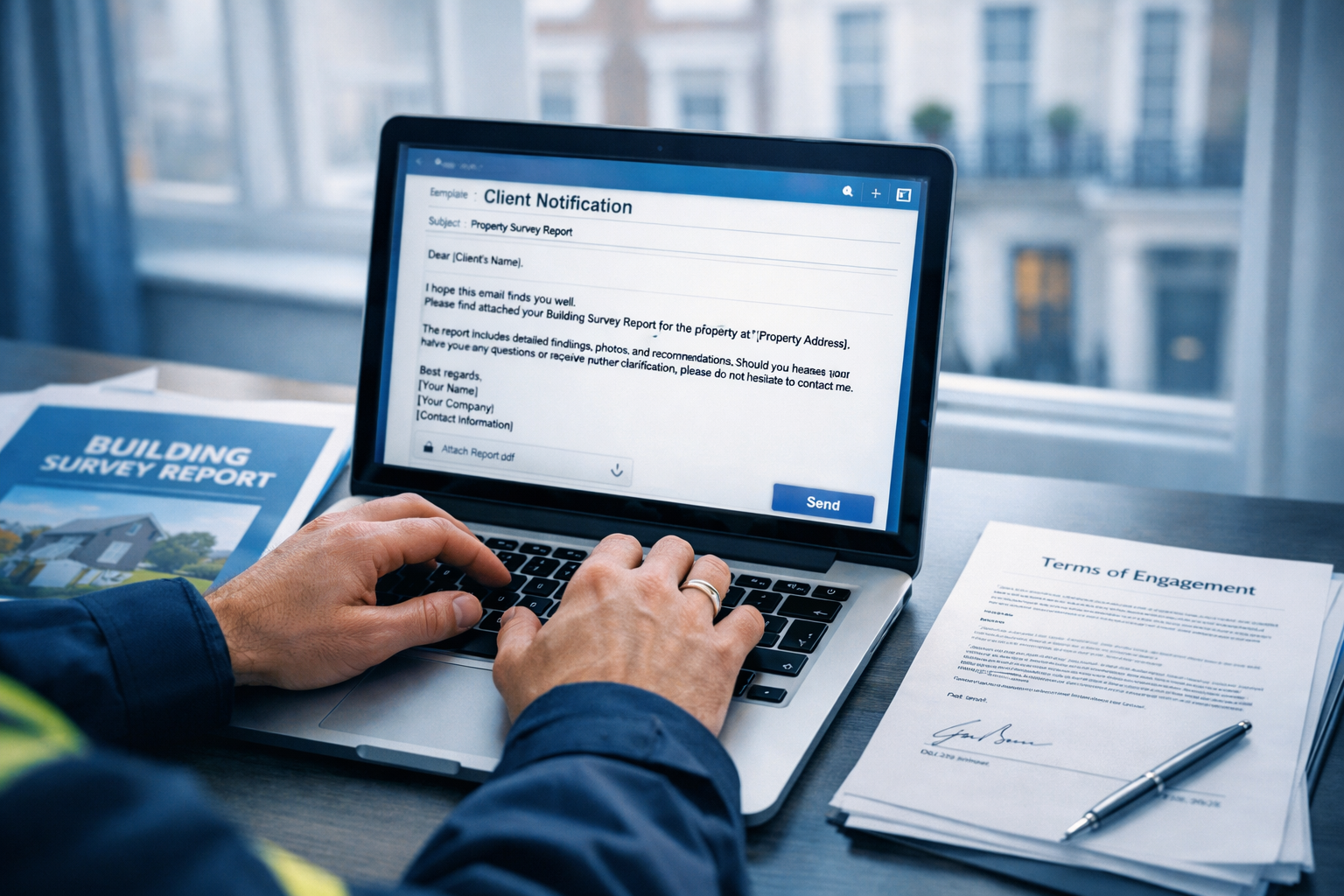 Close-up editorial shot of a UK surveyor's hands typing on a laptop showing a client notification template on screen, with a