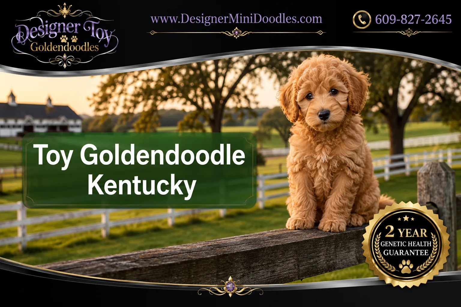 Professional () editorial hero photograph with 'Toy Goldendoodle Kentucky' in crisp white on a semi-transparent forest-green