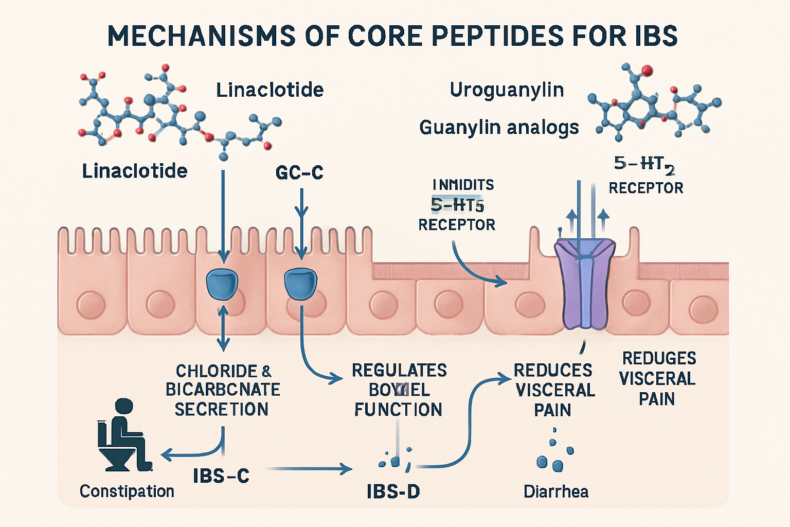 An intricate infographic illustrating the mechanisms of action for various core peptides in managing IBS-C and IBS-D. The graphic should fea