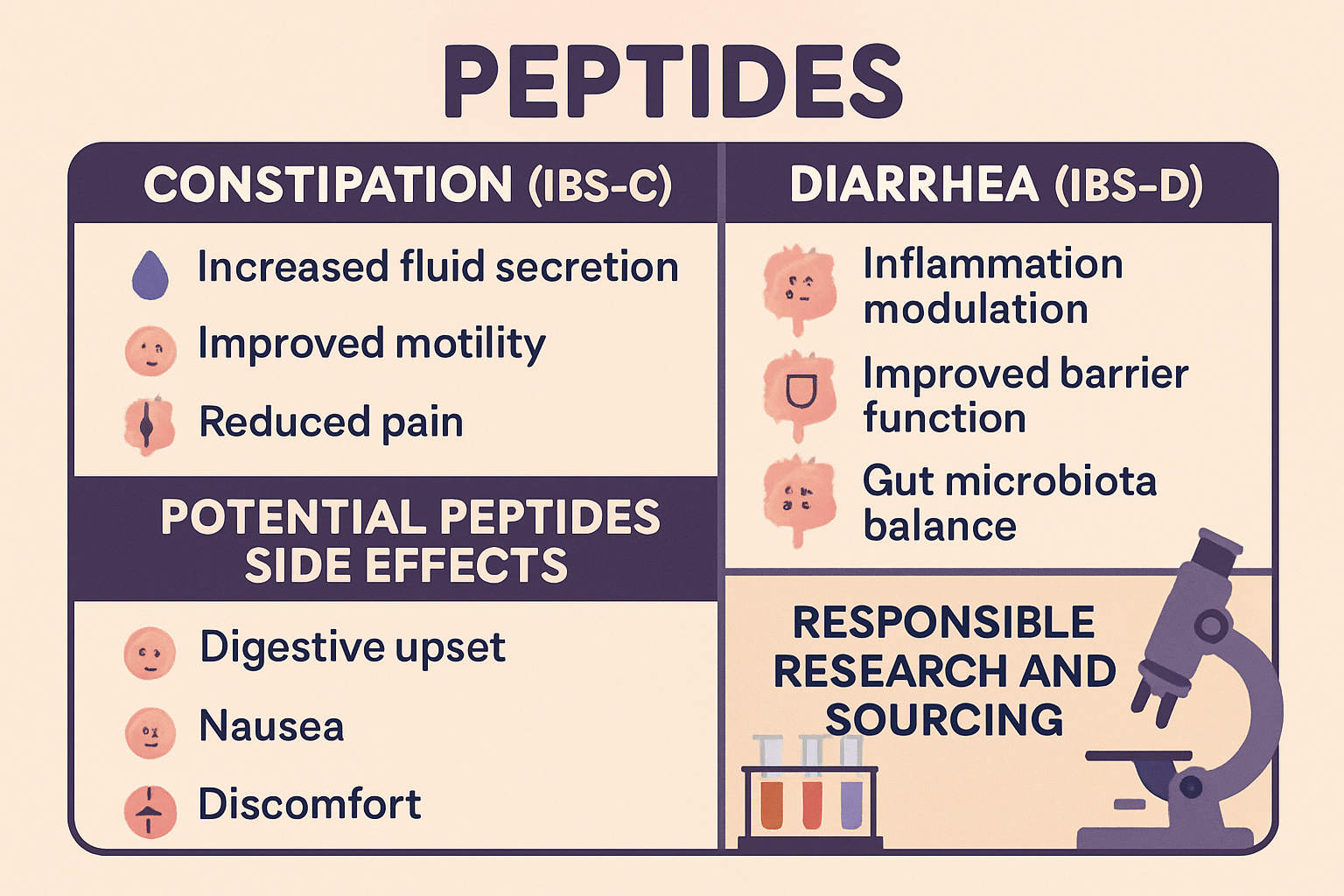 A visually engaging comparison chart detailing the potential benefits and emerging research on peptides for constipation (IBS-C) and diarrhe