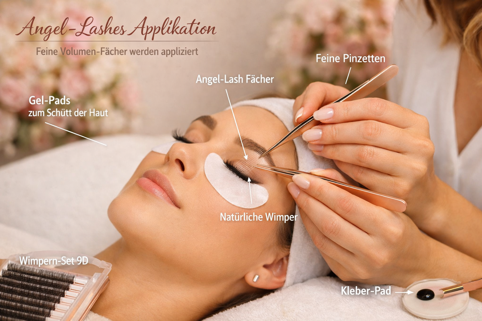 Querformat () Detailaufnahme einer Lash-Stylistin bei der Arbeit mit feinen Pinzetten, die einzelne Angel-Lash-Fans auf