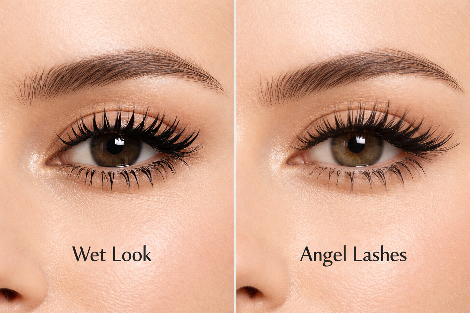 Querformat () Vergleichsdarstellung zweier weiblicher Augenpartien nebeneinander: links ein klassischer Wet-Look-Set mit