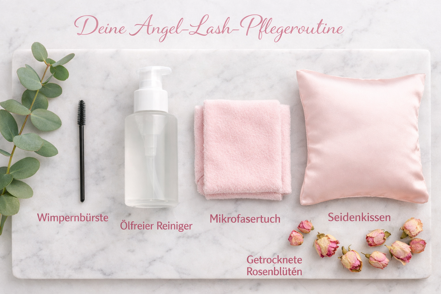 Querformat () Flatlay-Komposition mit Lash-Pflege-Produkten auf einer Marmorplatte: Wimpernbürste, ölfreier Reiniger,