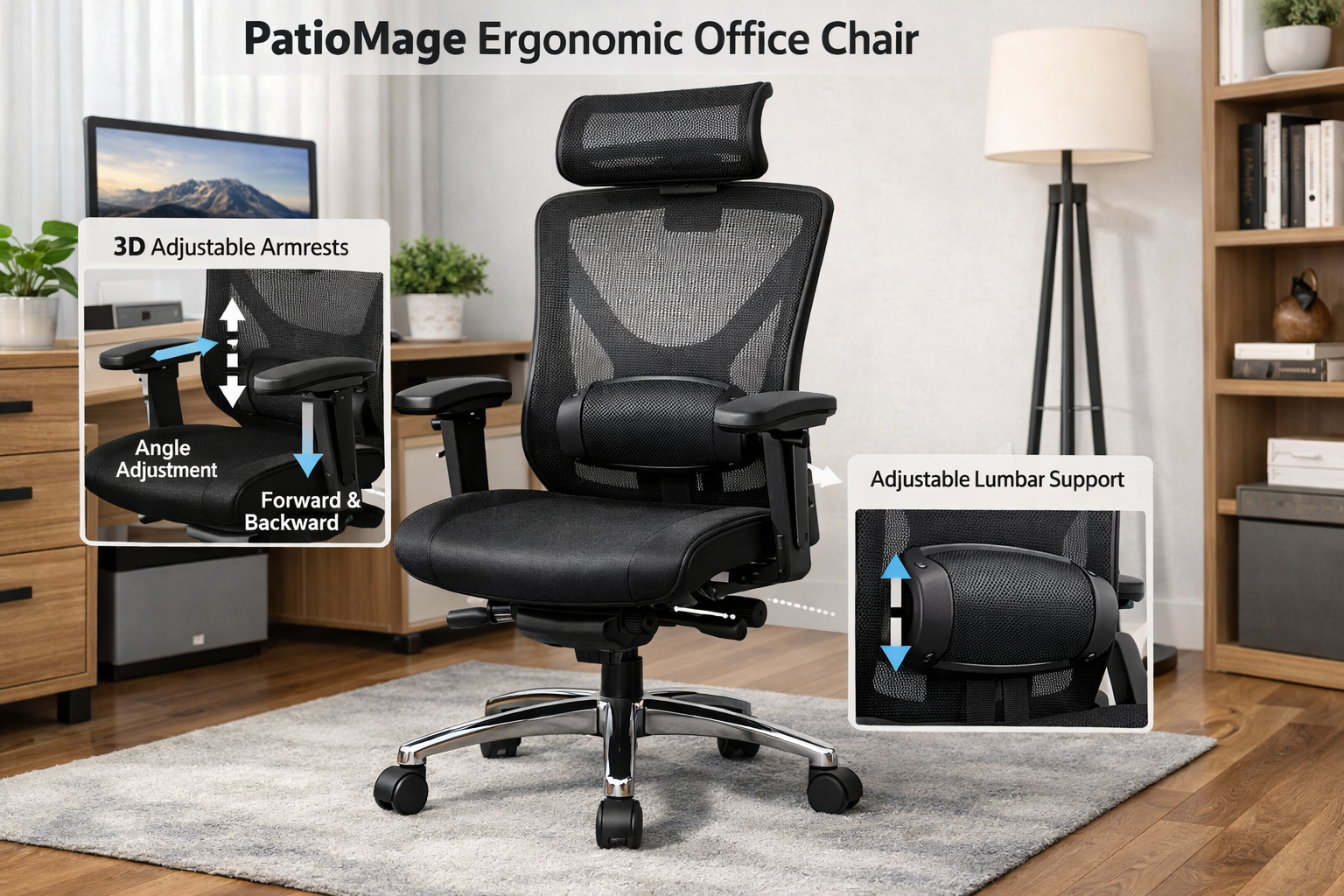 PatioMage Ergonomic Office Chair detailed showcase of PatioMage Ergonomic Office Chair highlighting its high-back mesh design, 3D adjustable armrests, and lumbar support system in a modern home office setting...