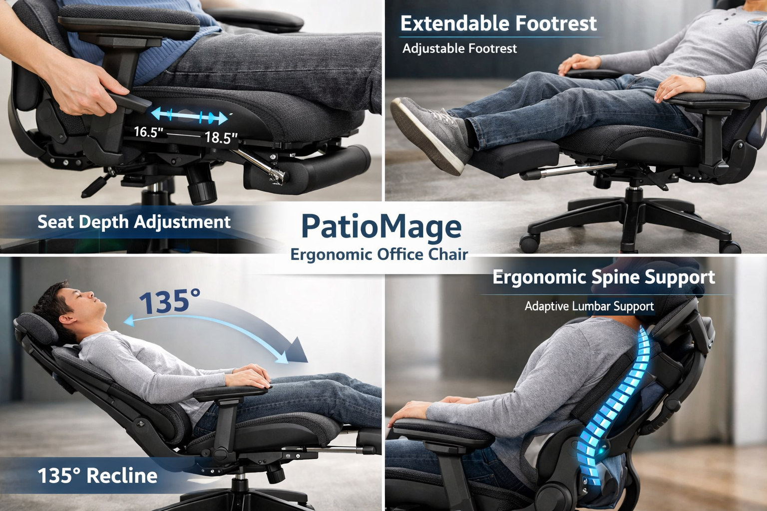 PatioMage Ergonomic Office Chair detailed showcase of PatioMage Ergonomic Office Chair highlighting key features in action including seat depth adjustment, footrest extension, 135-degree recline, and ergonomic spine-curve alignment