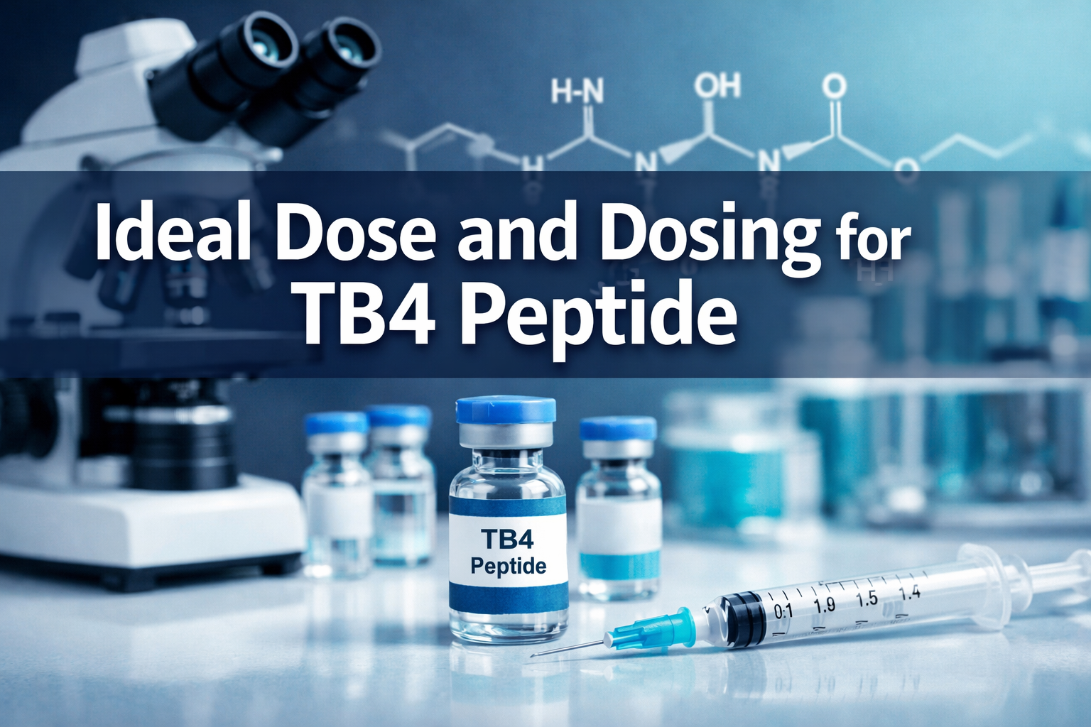 Professional landscape hero image (1536x1024) featuring bold text overlay 'Ideal Dose and Dosing for TB4 Peptide' in extra large 72pt white 