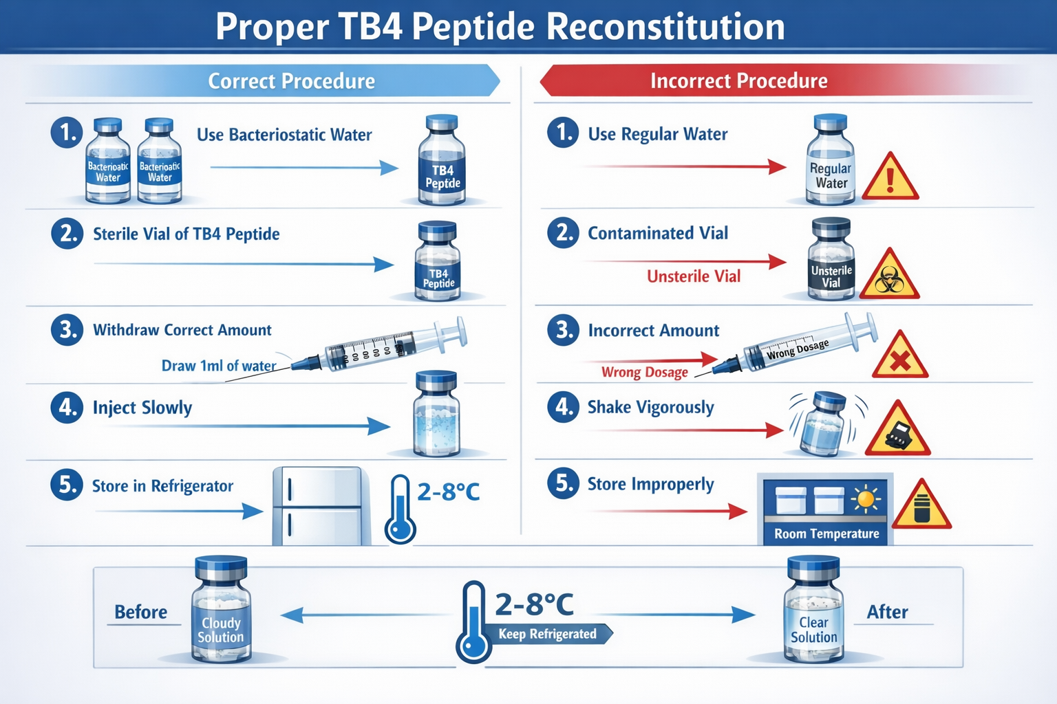 Side-by-side comparison visualization showing proper TB4 peptide reconstitution process with bacteriostatic water bottles, sterile vials, me