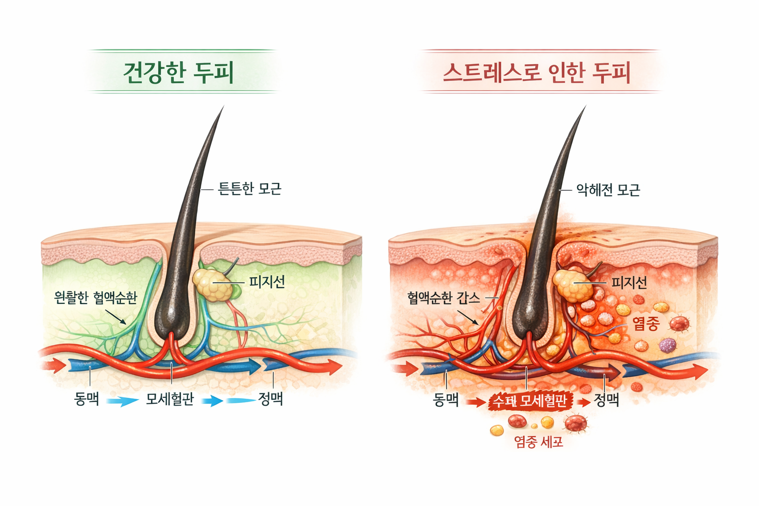Detailed medical illustration in landscape format showing cross-section comparison of healthy scalp versus stress-affected scalp with hair f