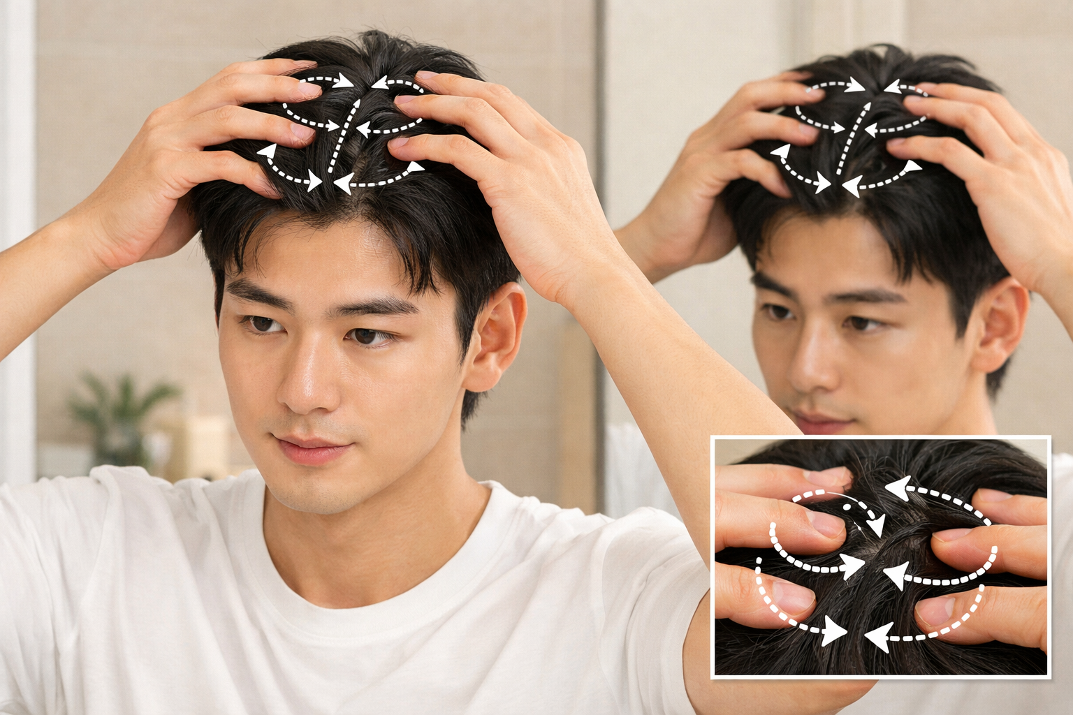 High-quality photograph of young Korean man in late 20s performing scalp massage technique, fingers positioned at crown area demonstrating p
