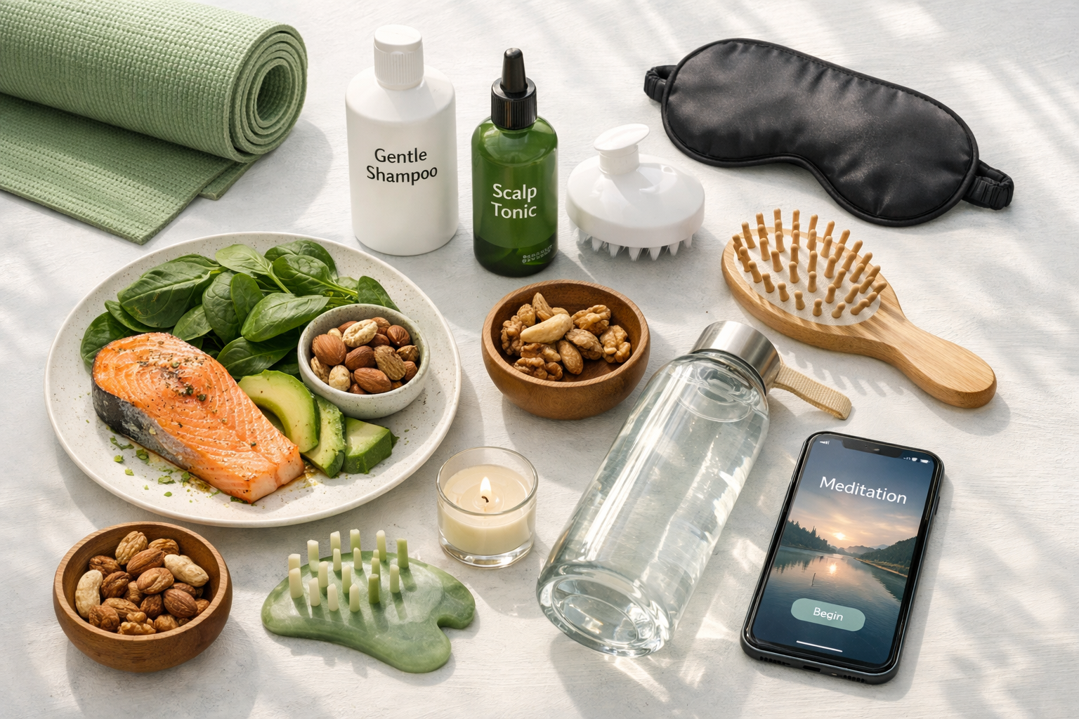 Lifestyle photograph showing stress management routine for scalp health, flat lay composition featuring scalp care products (gentle shampoo,