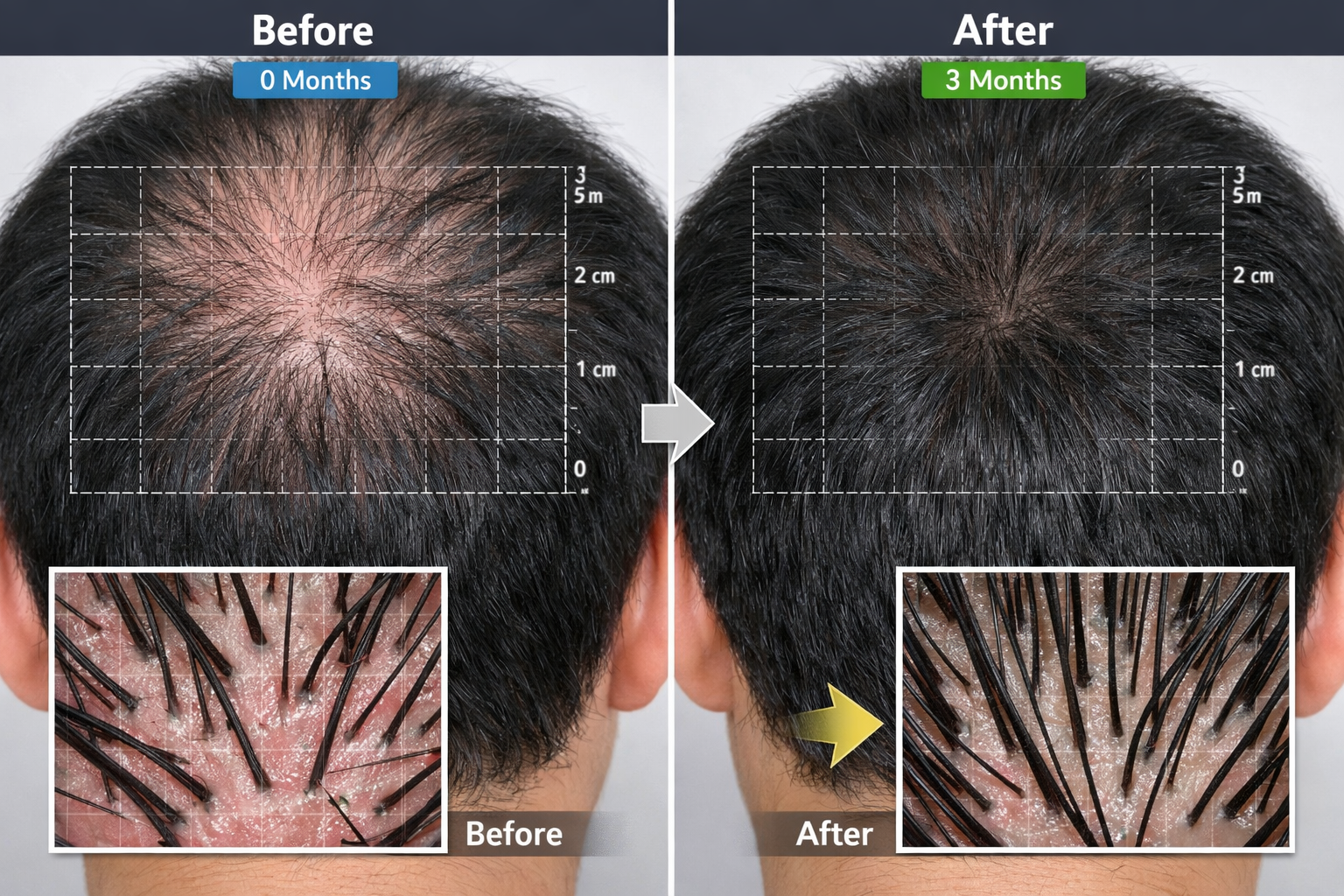 Before-and-after comparison photography showing scalp improvement over 3-month period, split-screen layout with timeline markers, left image