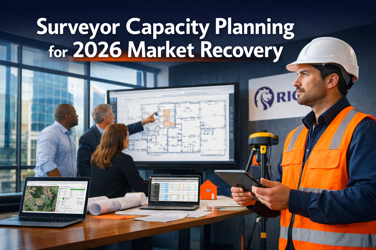 Professional () editorial hero image featuring 'Surveyor Capacity Planning for 2026 Market Recovery' in extra large white