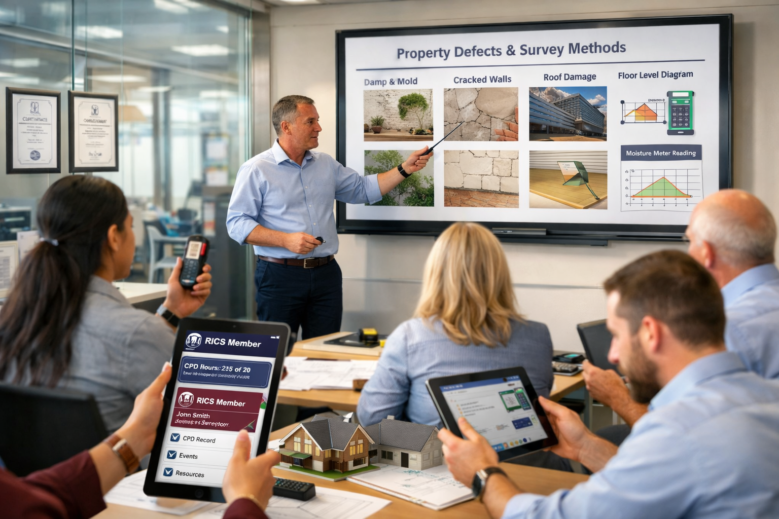 () dynamic scene inside modern surveying training facility showing diverse group of trainee surveyors in business casual