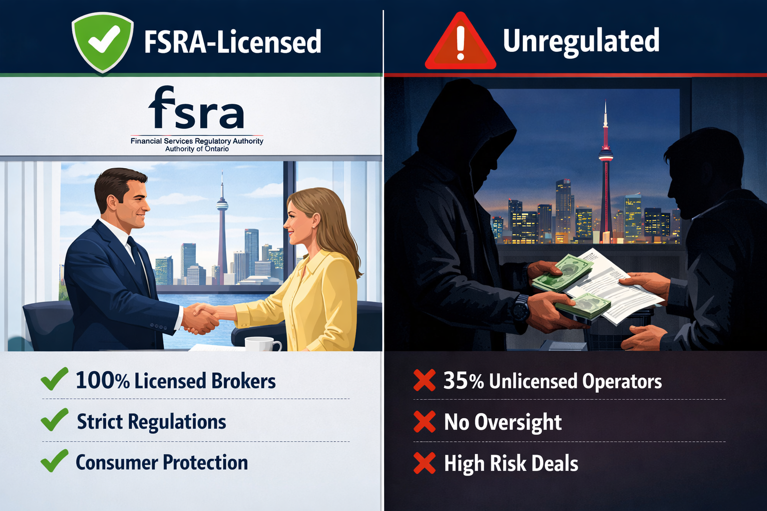 () editorial infographic illustration showing two contrasting columns side by side: left column labeled 'FSRA-Licensed' with