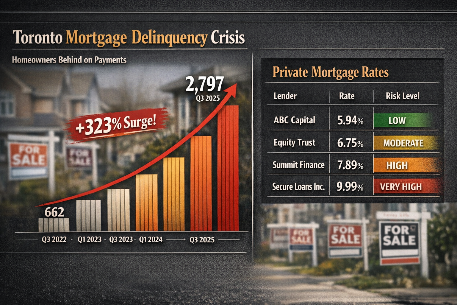 () detailed data visualization showing Toronto mortgage delinquency crisis: dramatic upward bar chart rising from 662
