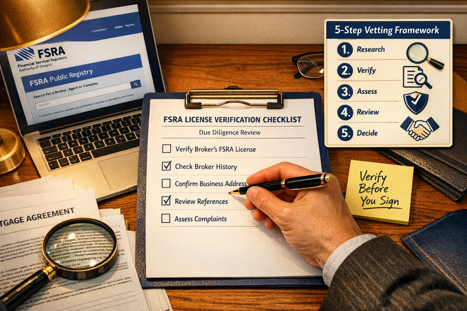 () practical due-diligence checklist concept image: close-up overhead shot of a Toronto borrower's desk with printed FSRA