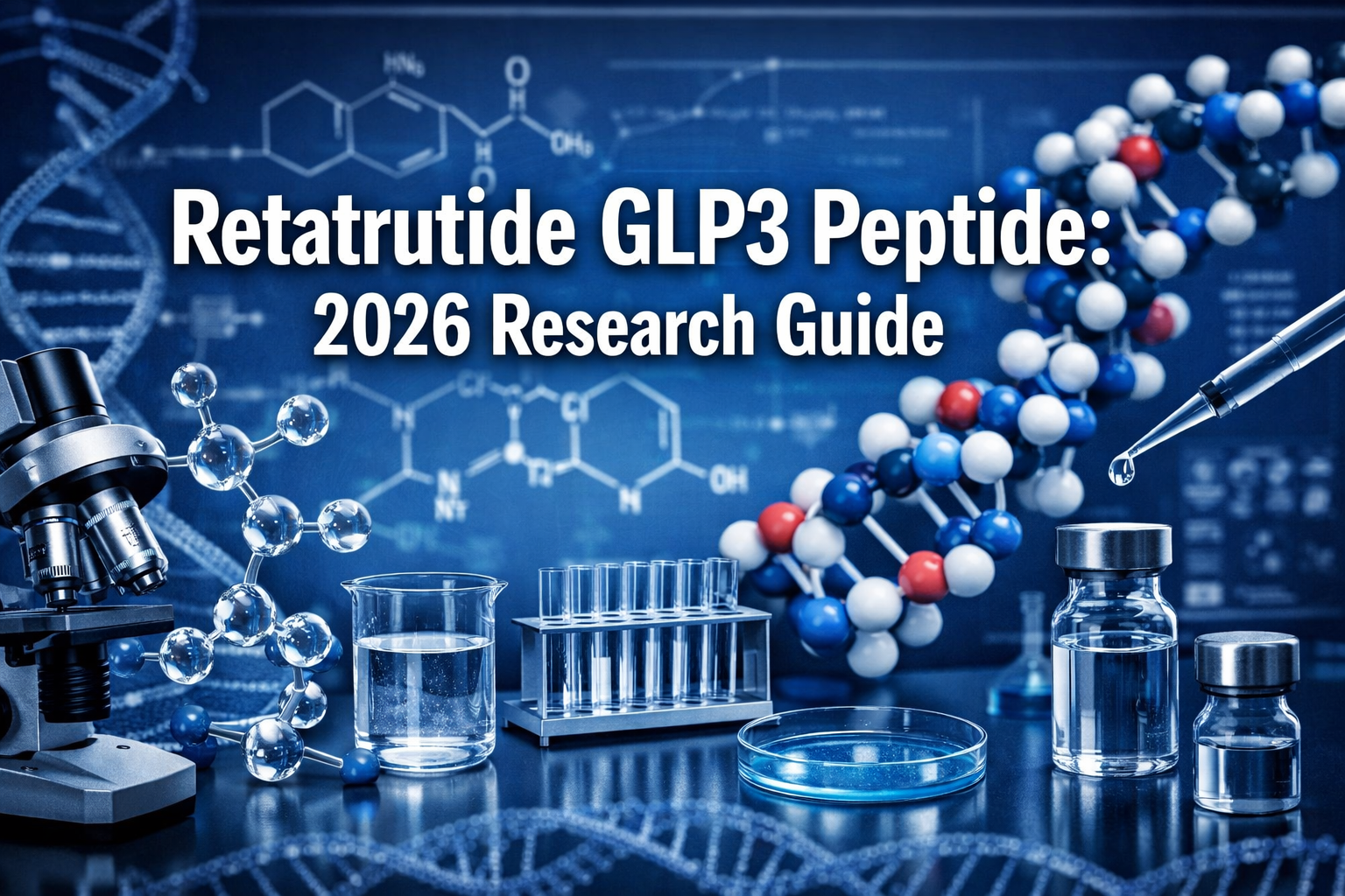 Professional landscape hero image (1536x1024) featuring bold text overlay 'Retatrutide GLP3 Peptide: 2026 Research Guide' in extra large 70p