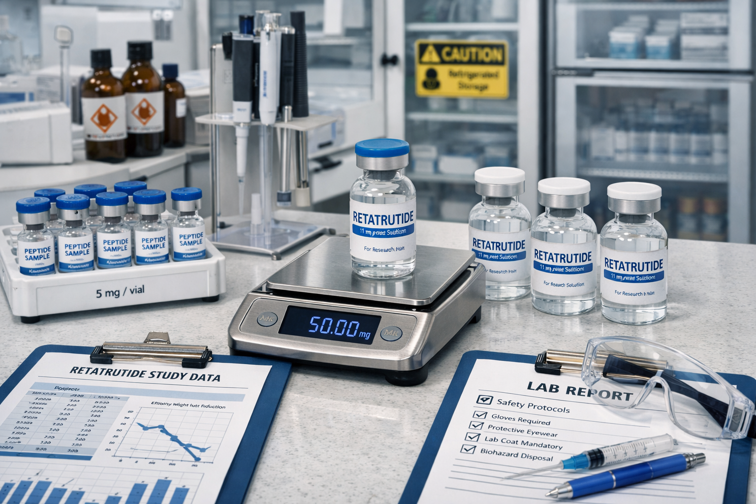 Laboratory research setting showing peptide vials, precision scales, and measurement equipment, retatrutide samples in sterile containers, s