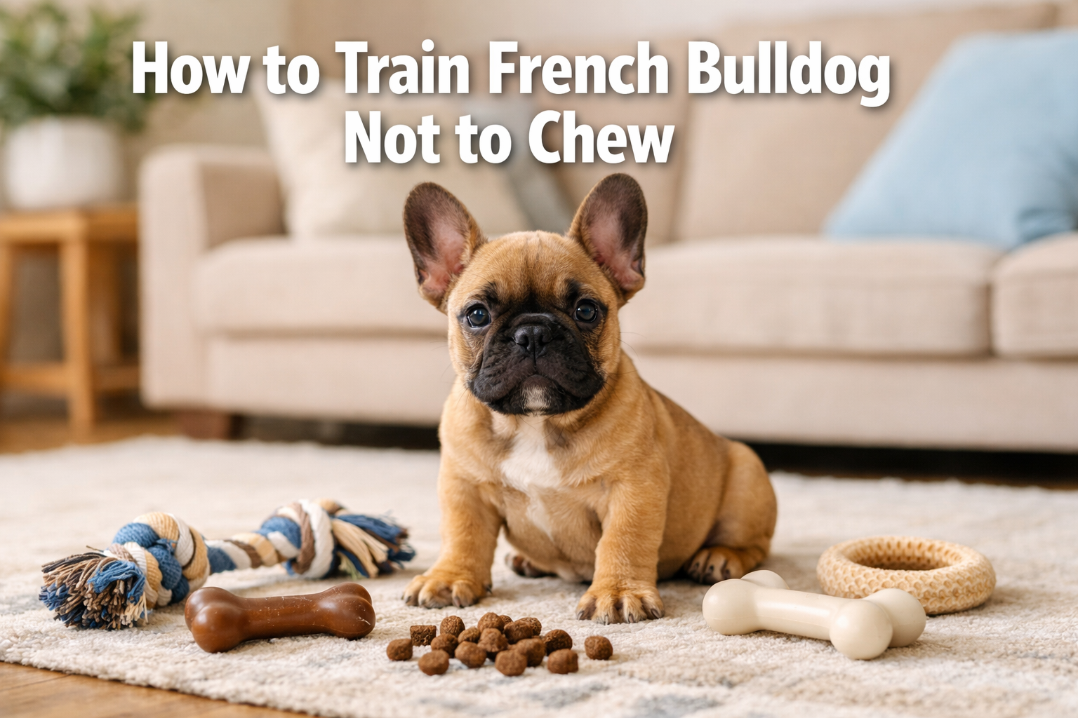 Professional landscape format (1536x1024) hero image featuring bold text overlay 'How to Train French Bulldog Not to Chew' in extra large 72