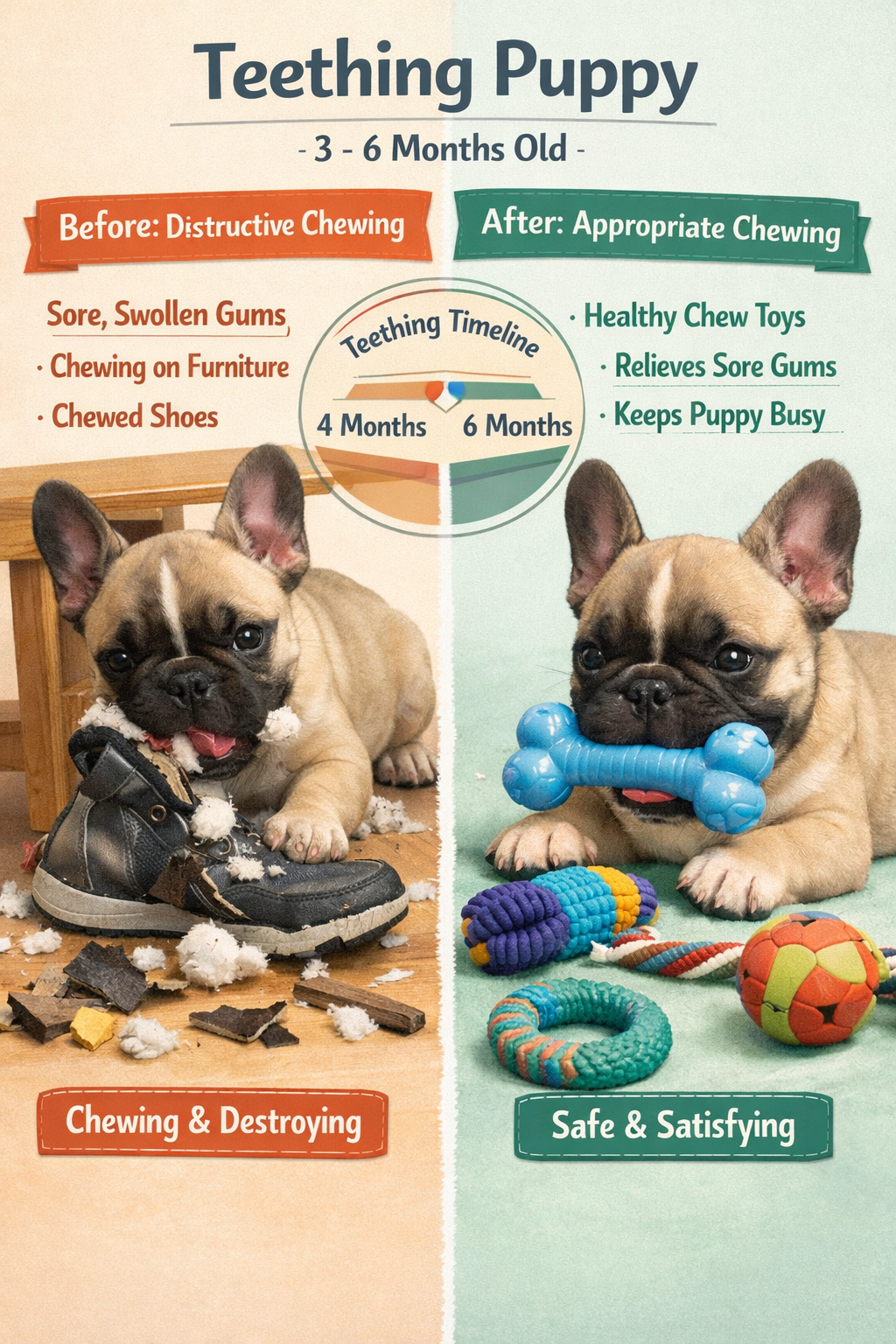 Portrait format (1024x1536) image showing French Bulldog puppy in teething phase with swollen gums, surrounded by age-appropriate chew toys 