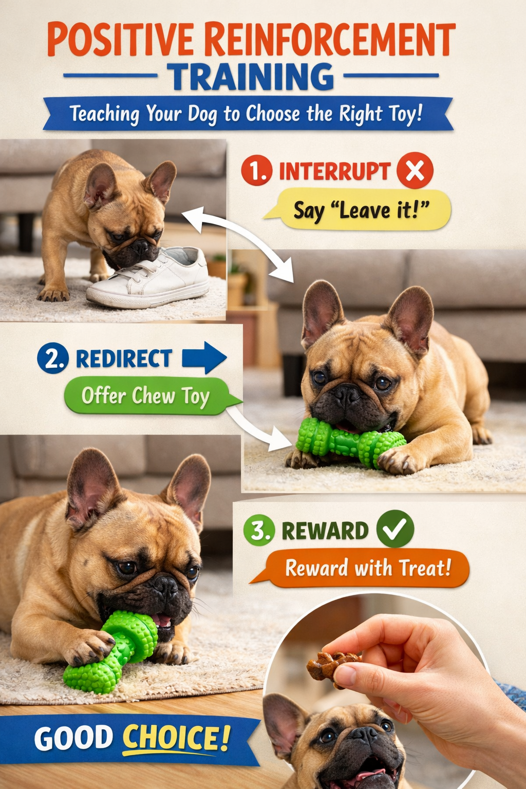 Portrait format (1024x1536) training scene showing French Bulldog owner demonstrating positive reinforcement technique. Hand offering high-v