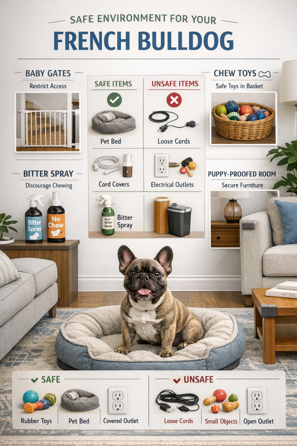 Portrait format (1024x1536) comprehensive visual guide showing French Bulldog-safe environment setup. Living room layout with baby gates, ap