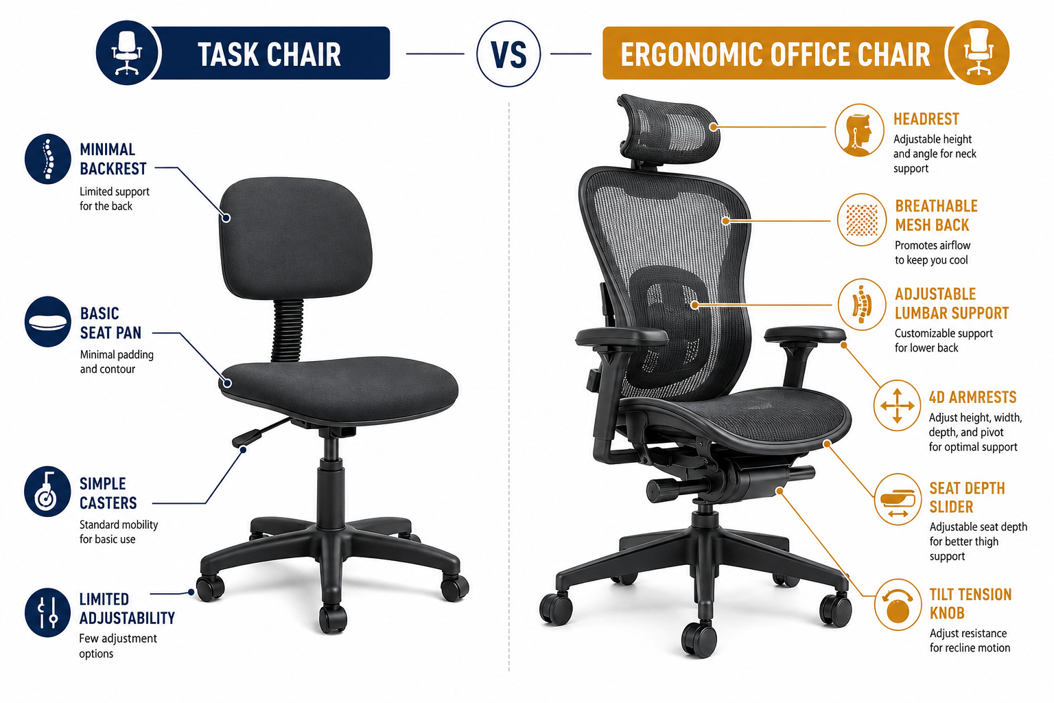 Task Chair vs Office Chair Detailed landscape format (1536x1024) infographic-style illustration showing a side-by-side anatomical comparison of a task chair and an ergonomic office chair. Left chair labeled 'Task Chair' with callout arrows pointing to: minimal backrest, basic seat pan, simple casters, limited adjustability. Right chair labeled 'Ergonomic Office Chair' with callouts showing: adjustable lumbar support, headrest, 4D armrests, seat depth slider, tilt tension knob, breathable mesh back. Clean white background, professional medical-diagram aesthetic, navy and amber color coding, bold labels, educational infographic style.