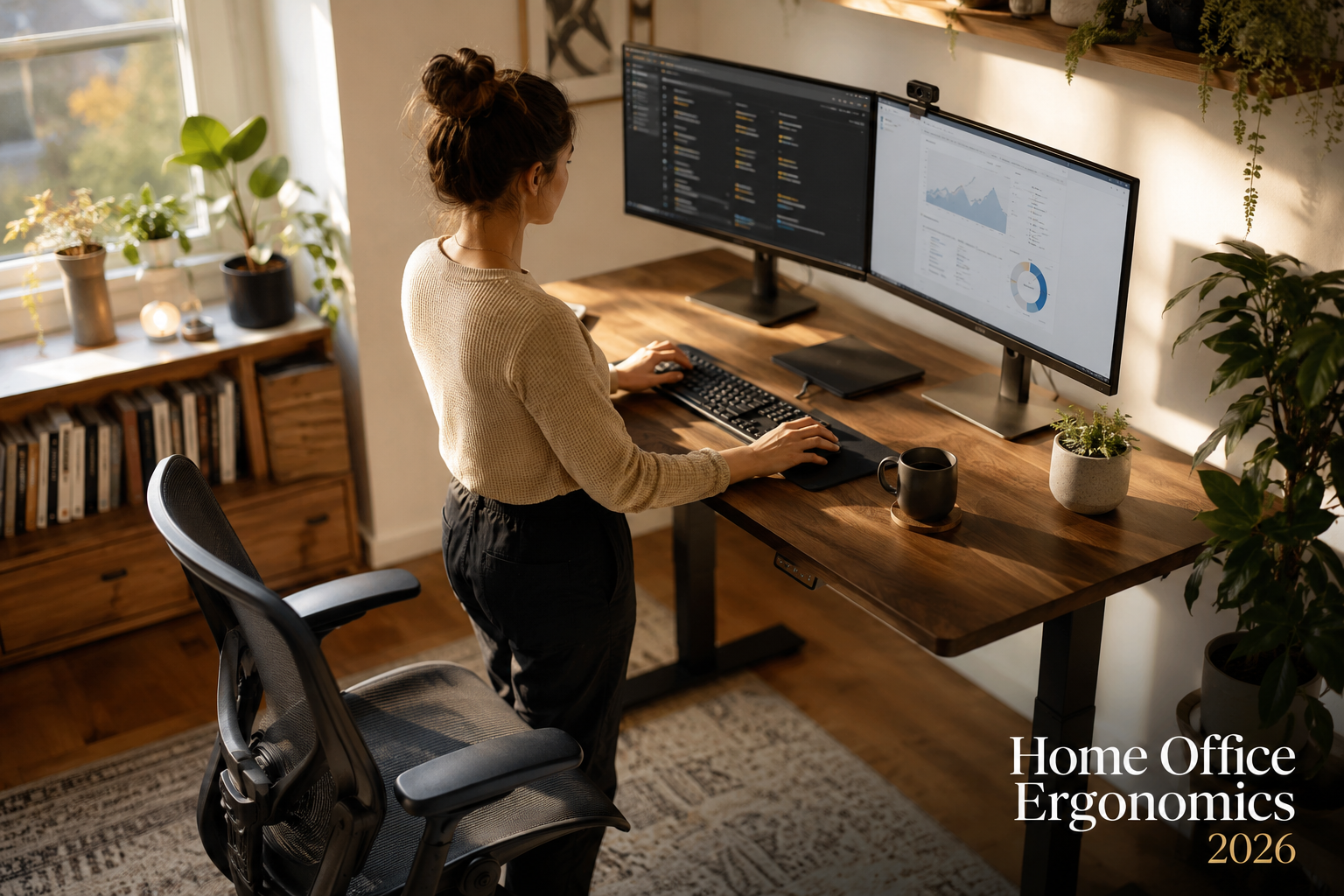 Task Chair Office Chair Landscape format (1536x1024) realistic photograph-style scene of a person working at a standing desk with an ergonomic task chair pulled close, viewed from a 45-degree overhead angle. The workspace shows a home office setup with natural light from a window, plants on the desk, dual monitors, and a mesh task chair with visible lumbar curve. Warm morning light, shallow depth of field, lifestyle photography aesthetic. Overlay text in corner: 'Home Office Ergonomics 2026'. Color palette: warm whites, natural wood tones, soft greens. Editorial quality, aspirational workspace feel.