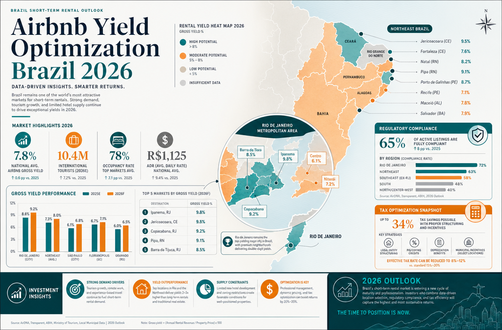 Editorial-style infographic visualizing 'Key Takeaways' for Airbnb Yield Optimization in 2026, featuring a stylized map of