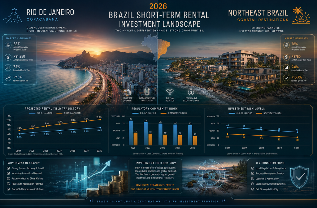 Cinematic data visualization depicting '2026 Brazilian Short-Term Rental Investment Landscape', showcasing a split-screen