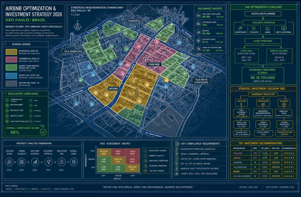 Complex zoning strategy visualization for Airbnb optimization, featuring a detailed architectural blueprint of a Brazilian
