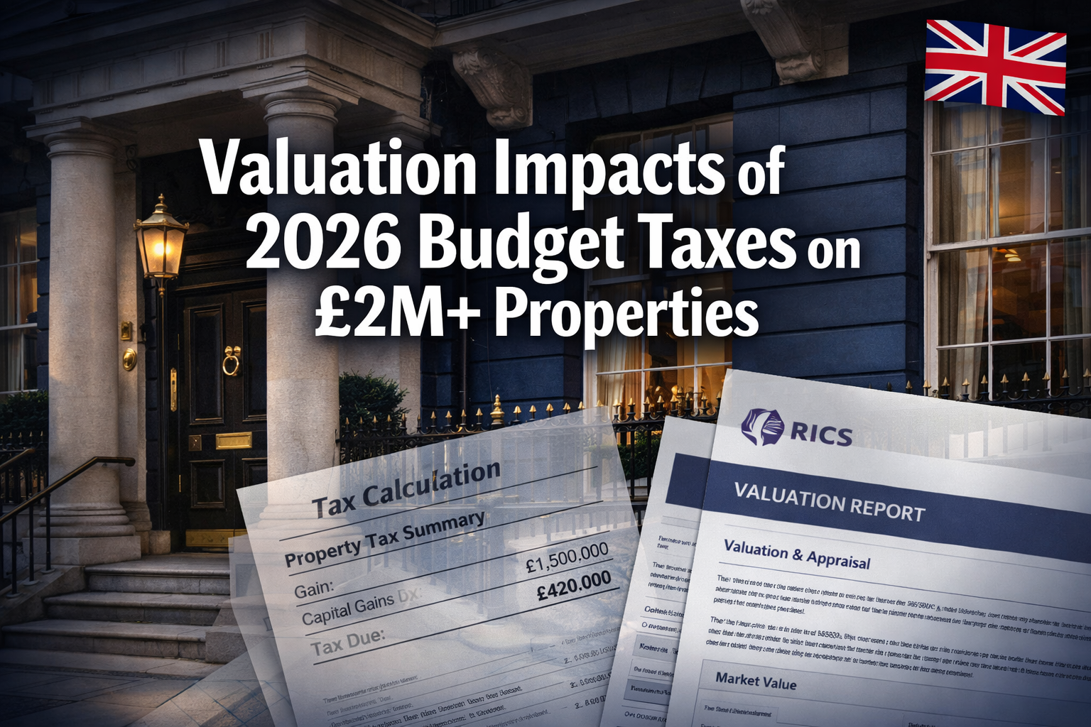 Professional () hero image with 'Valuation Impacts of 2026 Budget Taxes on £2M+ Properties' in extra large white with dark ,