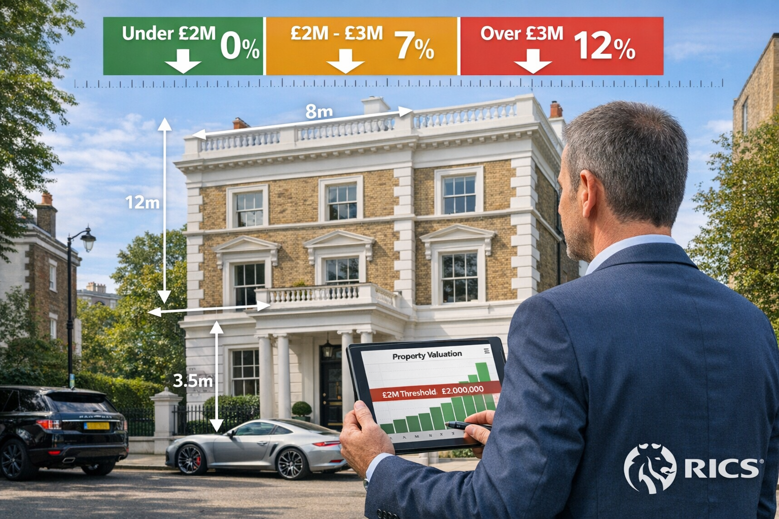 Detailed () image showing professional chartered surveyor in business attire conducting exterior property inspection of