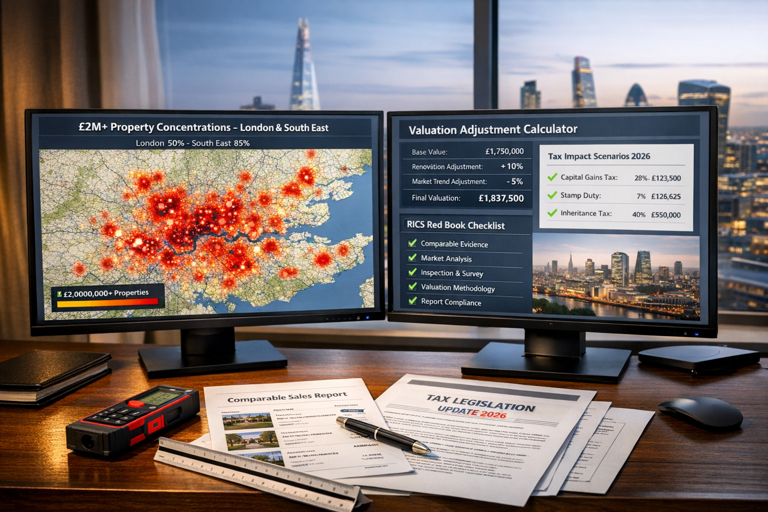 Detailed () image of modern surveyor's office workspace with dual monitors displaying comparative market analysis software.
