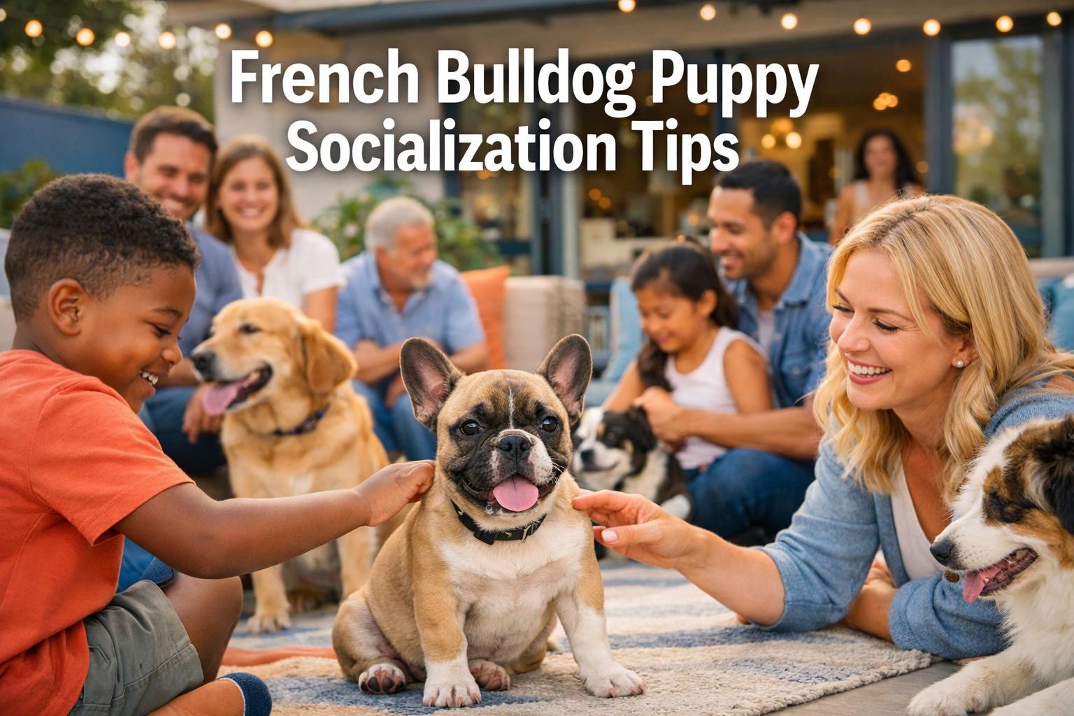 Professional landscape format (1536x1024) hero image featuring adorable French Bulldog puppy interacting with diverse group of people and ot