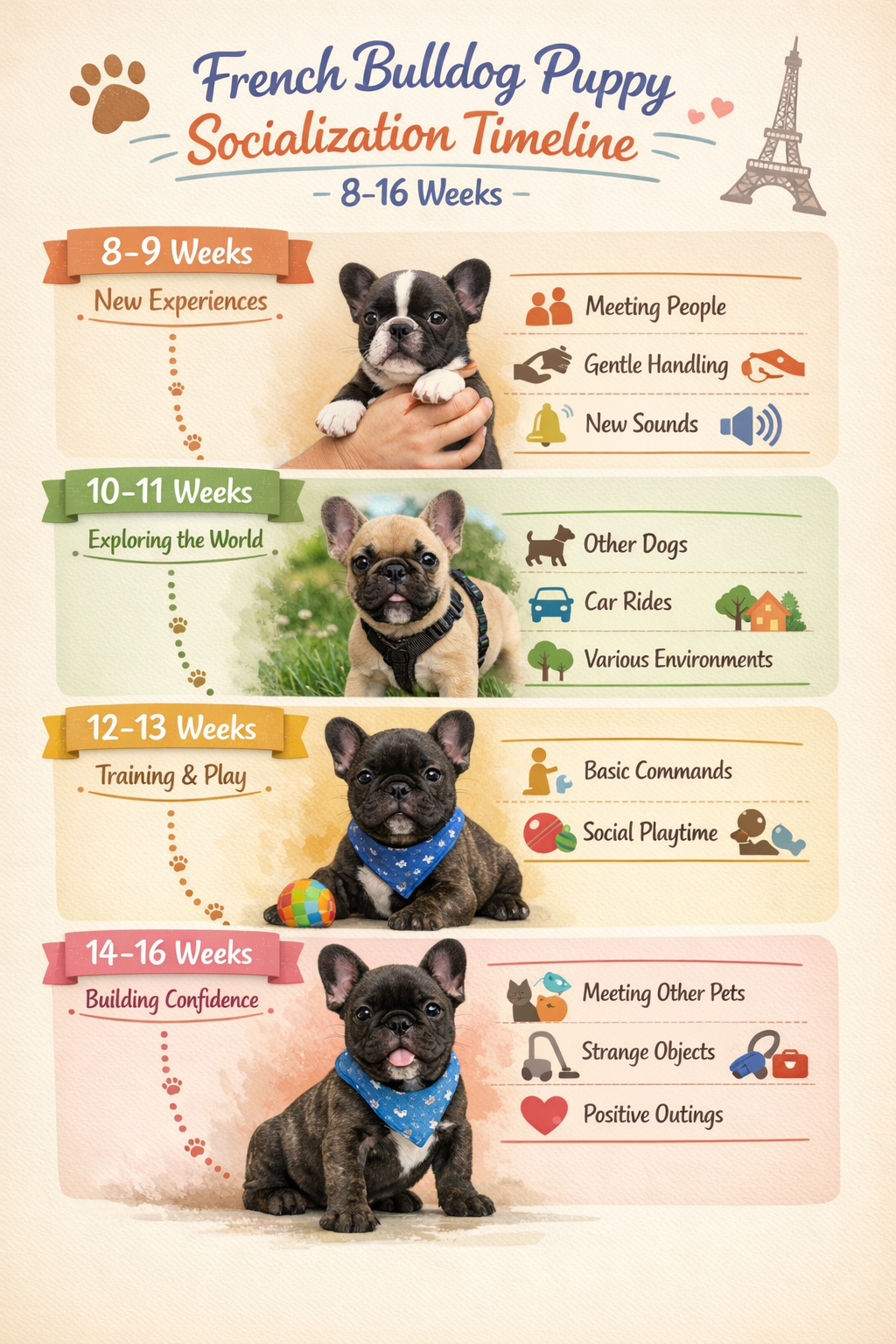 Portrait format (1024x1536) image showing French Bulldog puppy's critical socialization timeline from 8-16 weeks. Visual timeline with miles