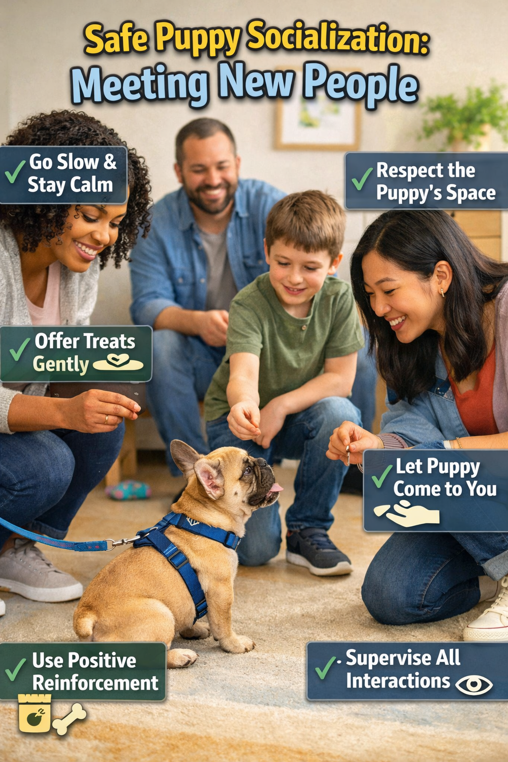 Portrait format (1024x1536) image depicting French Bulldog puppy safely meeting new people in controlled environment. Scene shows puppy on l