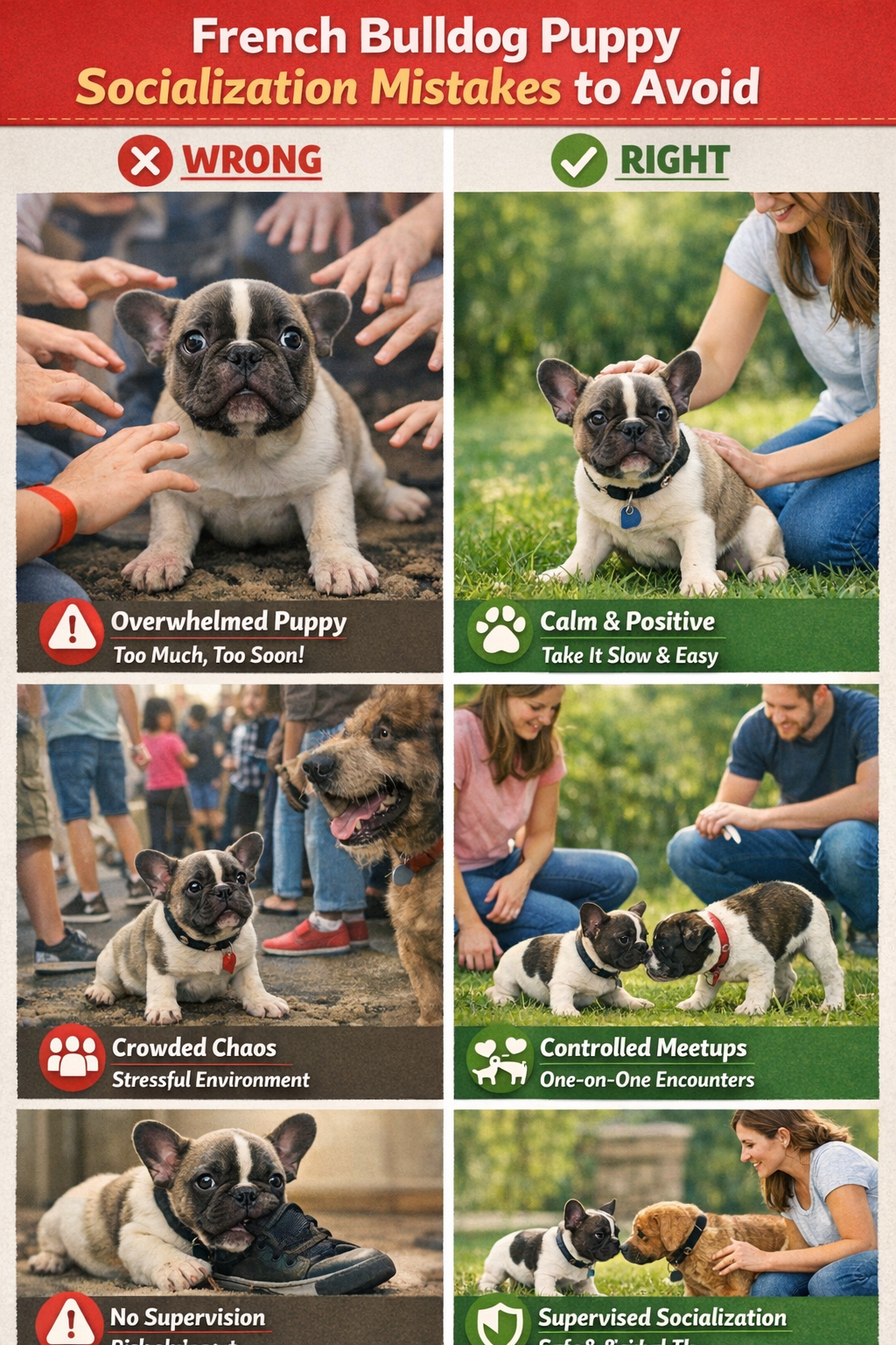 Portrait format (1024x1536) image showing common French Bulldog puppy socialization mistakes to avoid. Split-screen or before/after style co