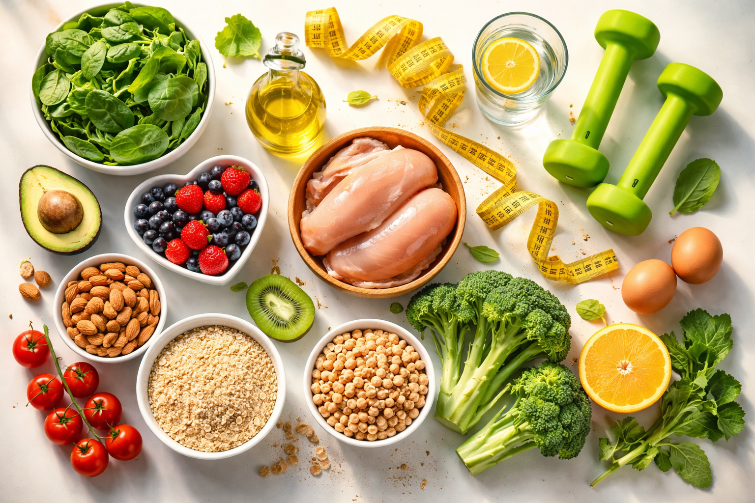 Professional hero image: a balanced flat-lay of whole foods, measuring tape, dumbbells, and a glass of water on a clean