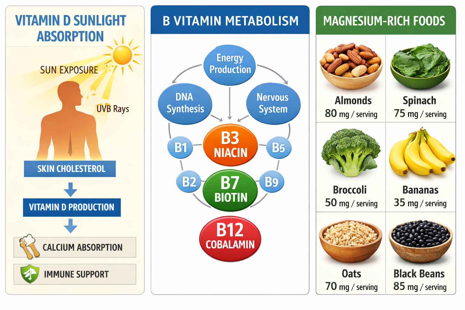 Clean visual guide showing vitamin D sunlight absorption, B-vitamin metabolism chart with B3/B7/B12 highlighted, and